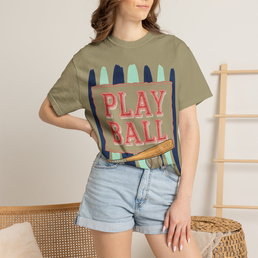 Play Ball Tall Stripe Shirt, Painted Baseball Panel Tee, Game Day Baseball Shirt, Sports Mom Gift