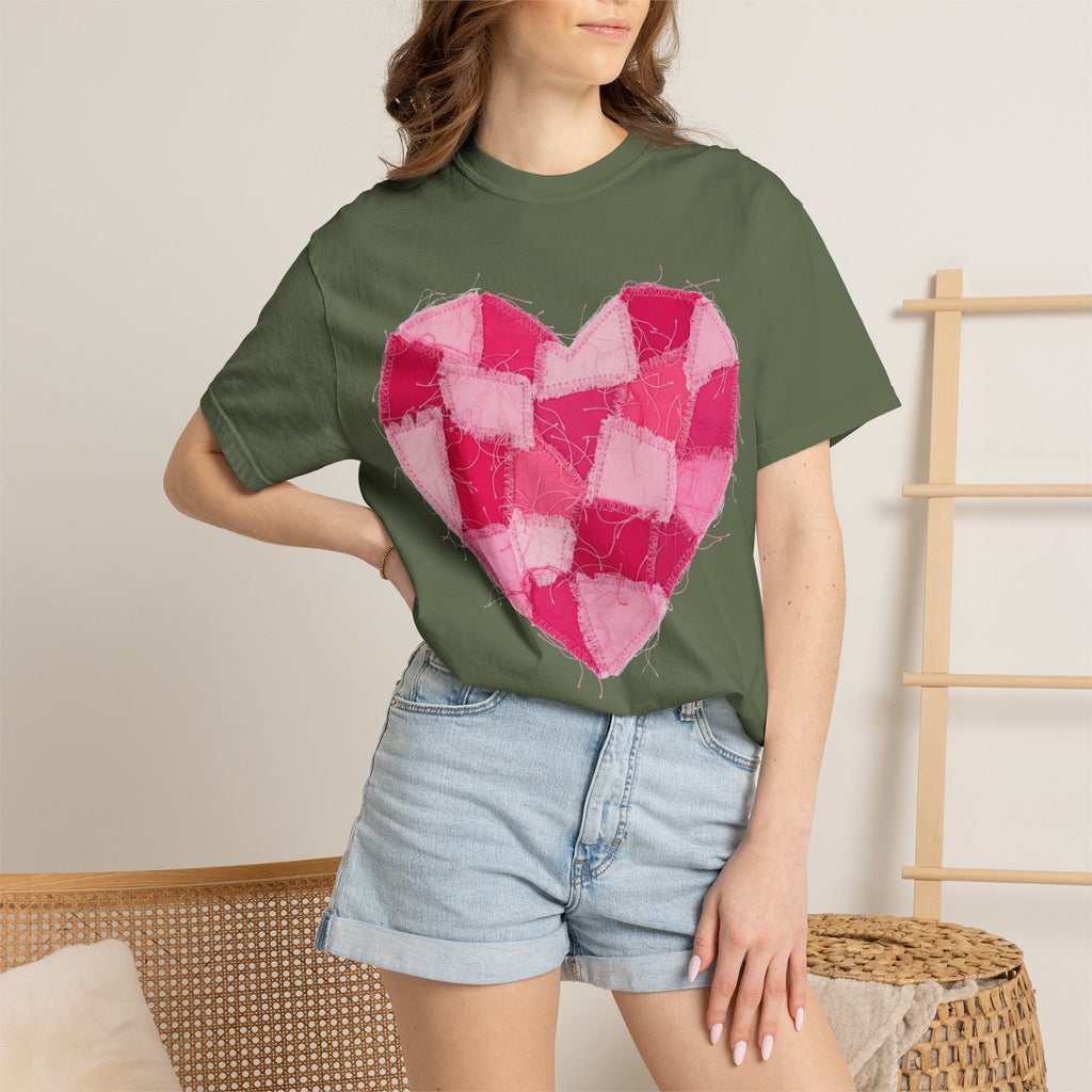 Hot Pink Patchwork Heart Shirt, Checkered Quilt Heart Tee, Frayed Applique Valentine Shirt, Gift For Her