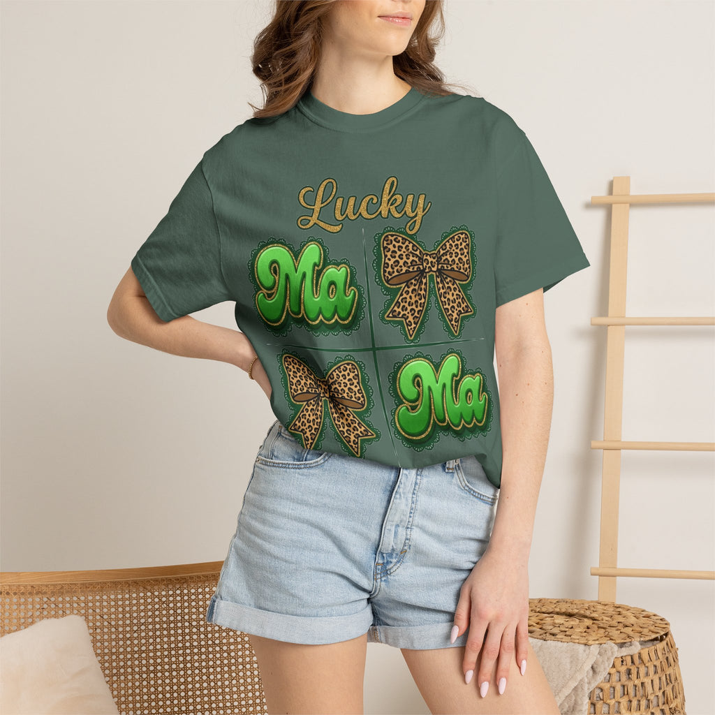 Lucky Mama Shirt, St Patricks Day Leopard Bow Tee, Green Glitter Mama Shirt, Irish Mom Gift