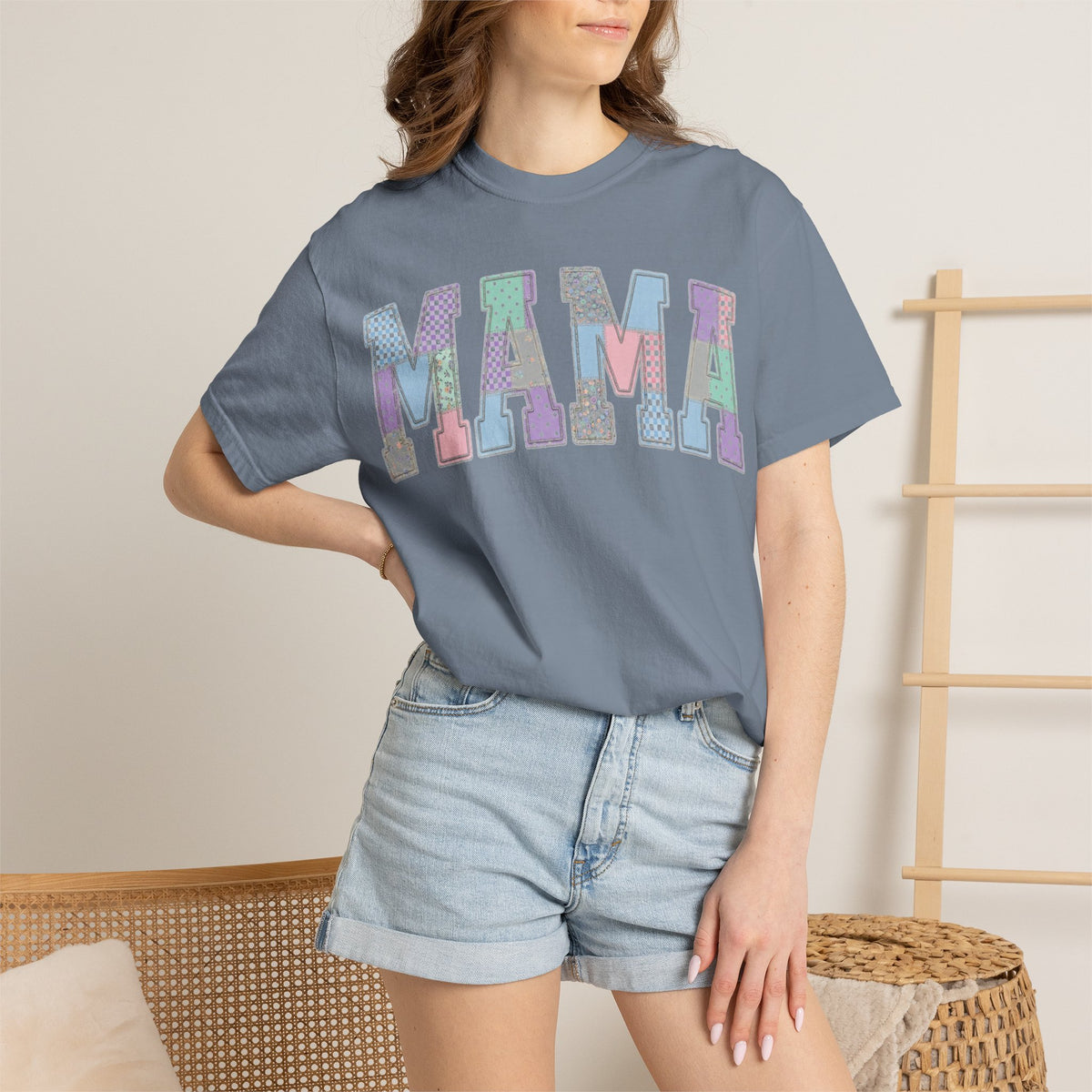 Mama Patchwork Shirt, Pastel Faux Applique Varsity Tee, Shabby Chic Mom Shirt, Mothers Day Gift
