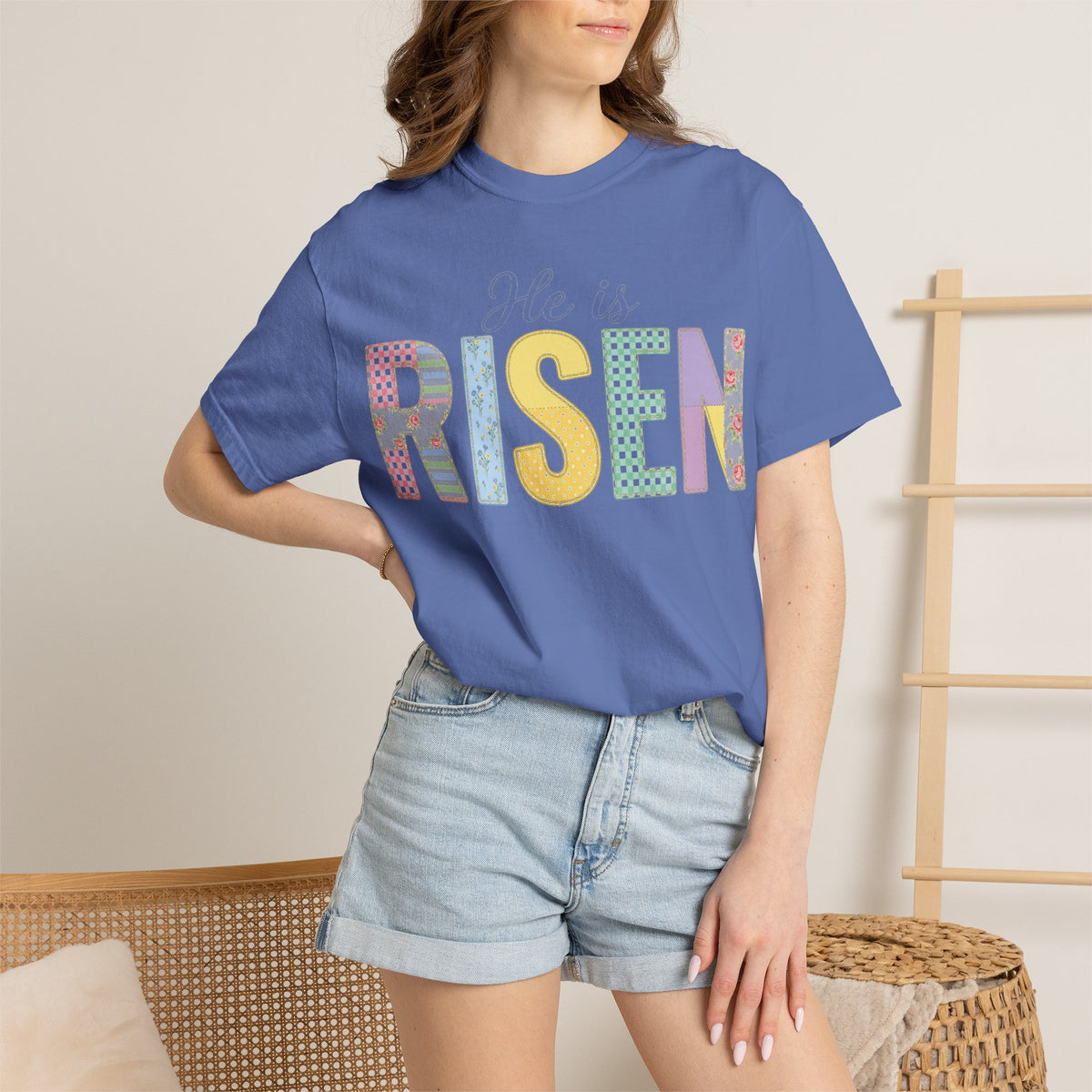 He Is Risen Patchwork Shirt, Faux Applique Easter Tee, Gingham Floral Christian Shirt, Easter Gift