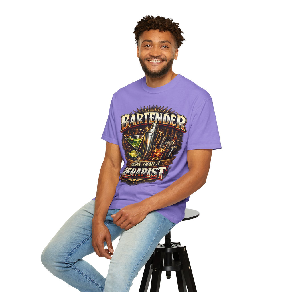 Bartender T-Shirt — "Bartender: Cheaper Than a Therapist" Vintage Bar Graphic Tee