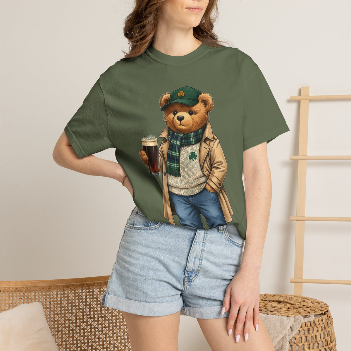 Irish Teddy Bear Trench Coat Shirt, Flat Cap Bear Stout Pint Tee, St Patricks Day Shirt, Irish Gift