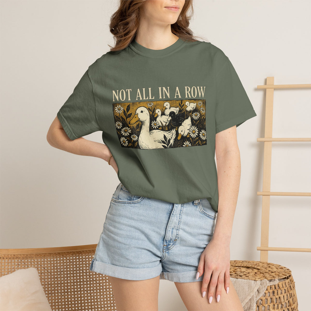 Not All In A Row Shirt, Woodcut Duck And Daisies Tee, Vintage Block Print Shirt, Funny Duck Gift