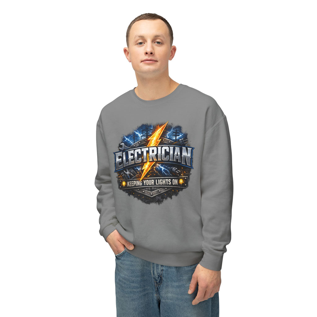 Electrician Crewneck Sweatshirt — "Keepin' Your Lights On" Graphic