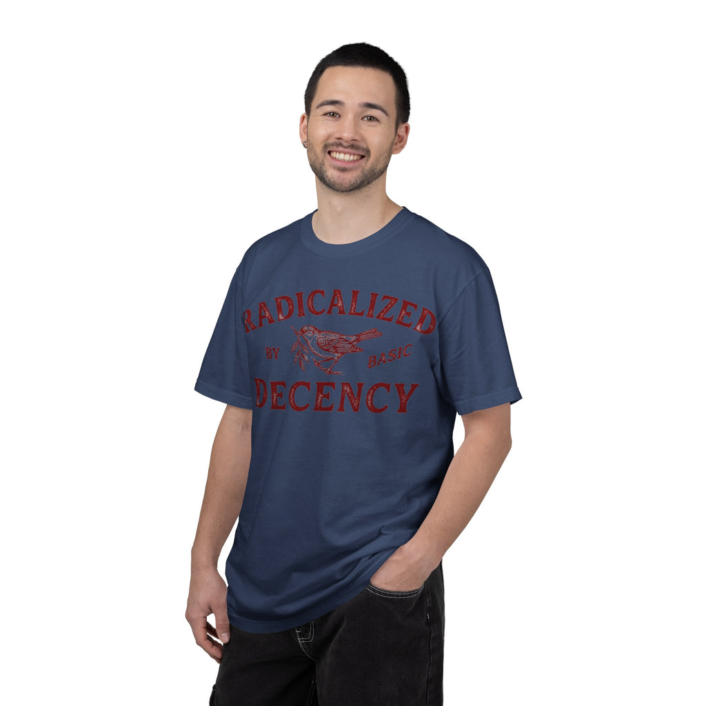 Radicalized By Basic Decency Bold Shirt, Engraved Bird Typography Tee, Kindness Statement Shirt, Protest Gift
