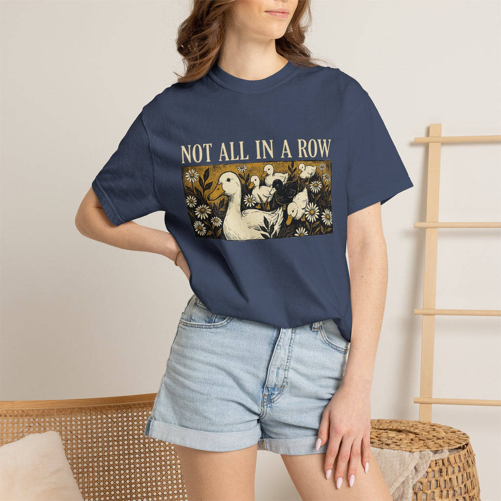 Not All In A Row Shirt, Woodcut Duck And Daisies Tee, Vintage Block Print Shirt, Funny Duck Gift