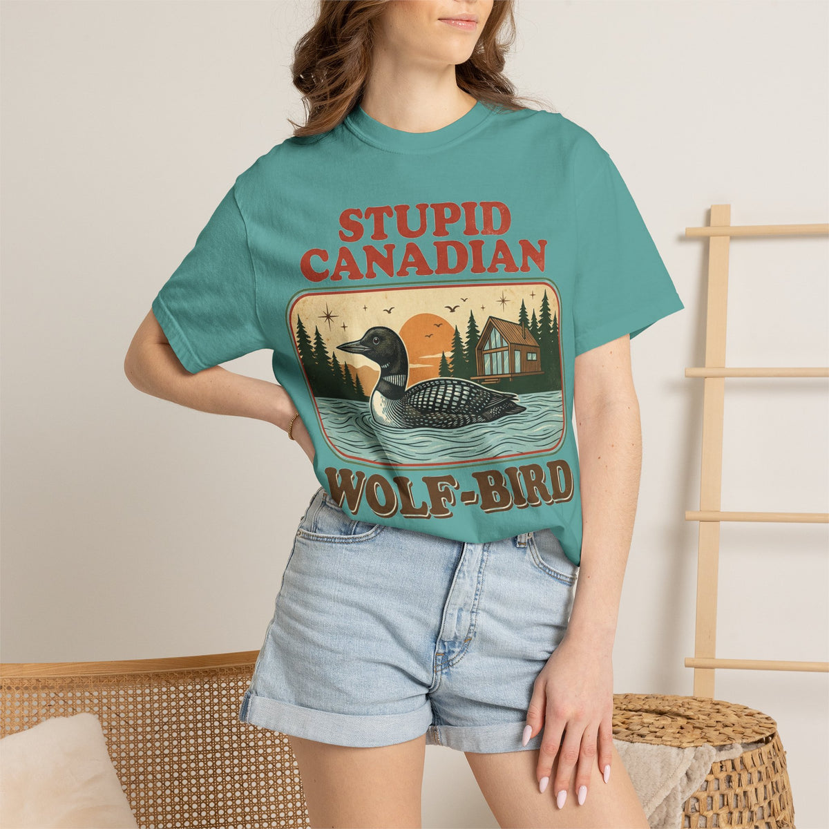 Stupid Canadian Wolf-Bird Shirt, Retro Loon Lake Badge Tee, Funny Canada Cabin Shirt, Lake Life Gift
