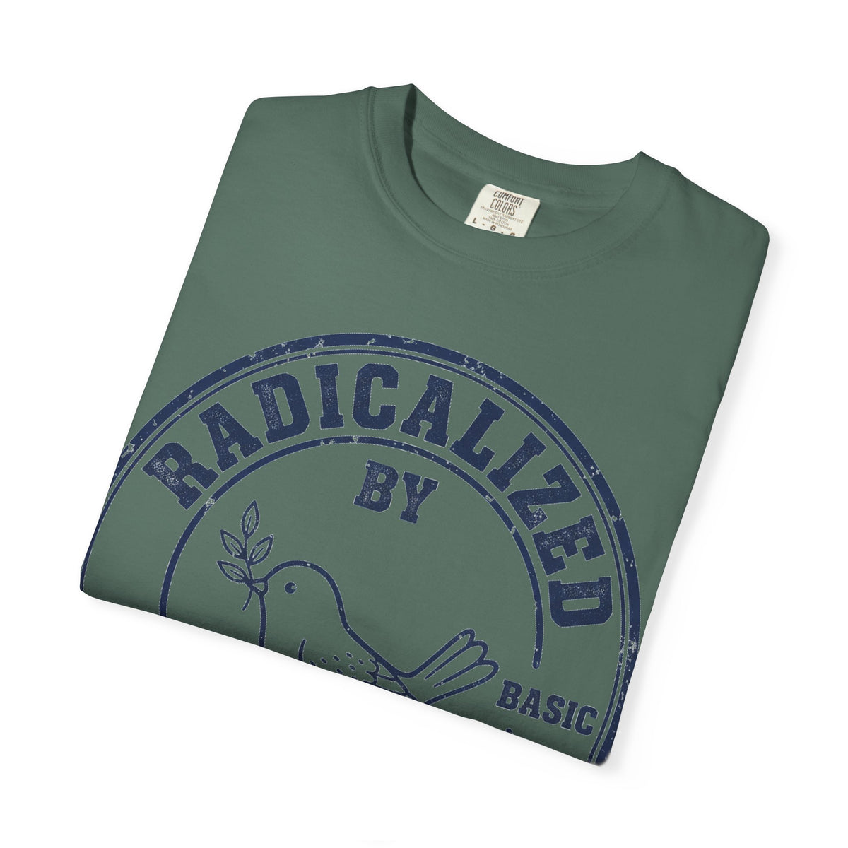 Radicalized By Basic Decency Navy Stamp Shirt, Line Art Dove Badge Tee, Kindness Protest Shirt, Activist Gift