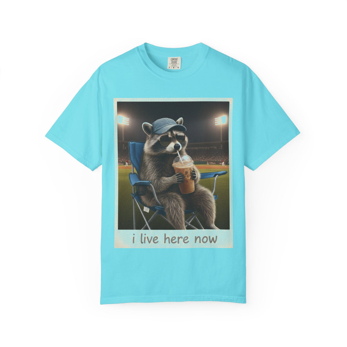 Baseball Raccoon Shirt, I Live Here Now Tee, Funny Ballpark Iced Coffee Shirt, Baseball Mom Gift
