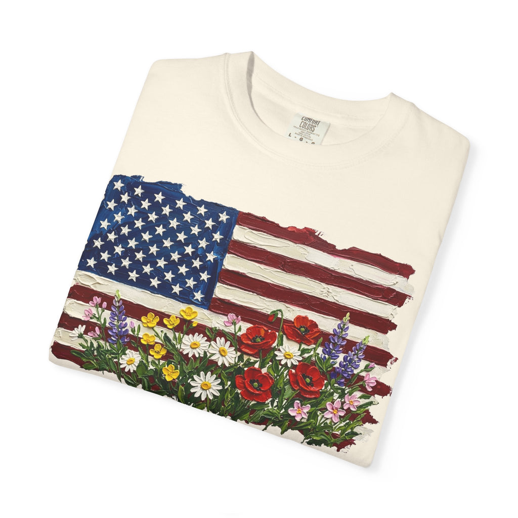 Painted Flag Wildflower Meadow Shirt, Impasto Americana Floral Tee, Patriotic Shirt, Independence Day Gift