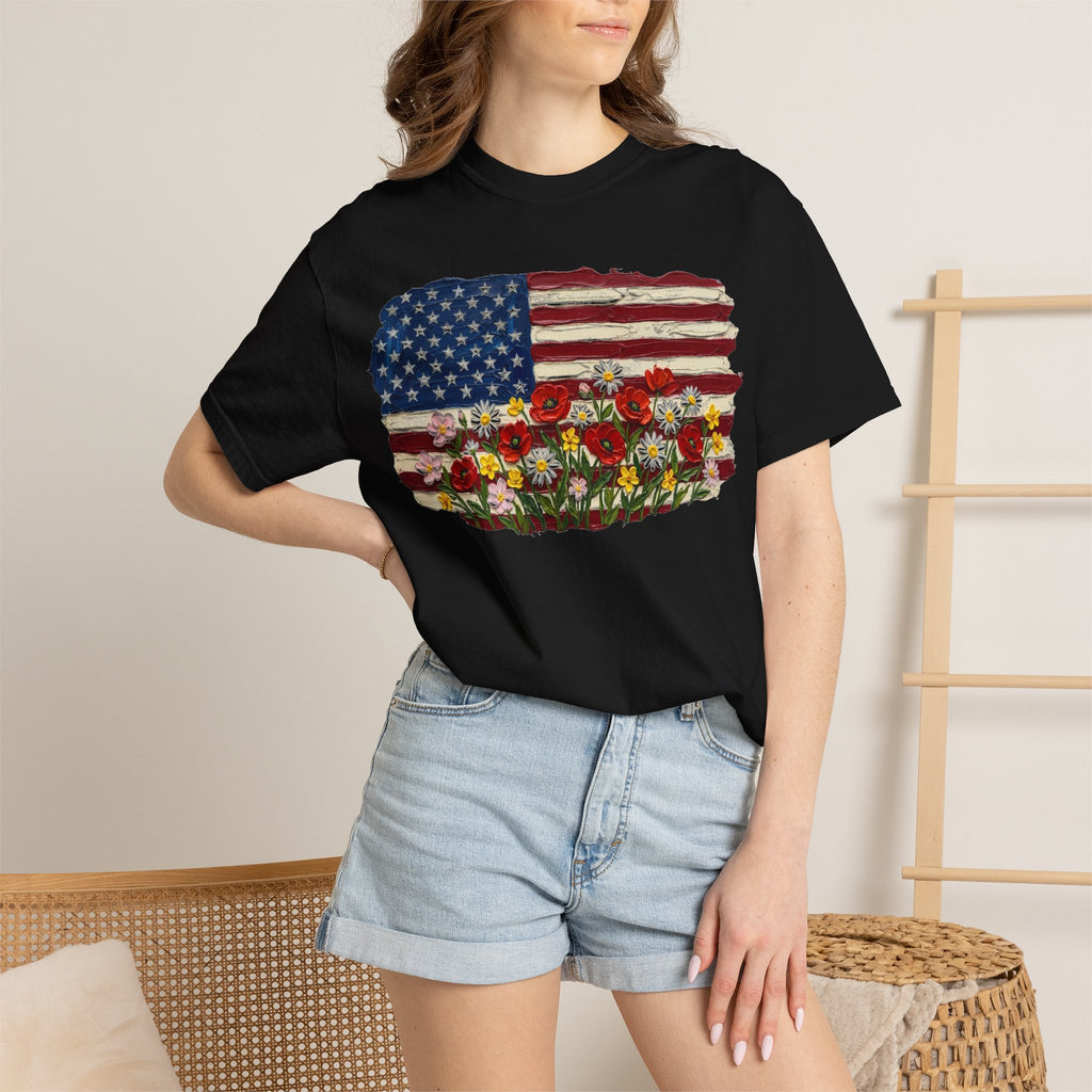 Impasto American Flag Wildflowers Shirt, Painted Flag Floral Tee, Patriotic Garden Shirt, Fourth Of July Gift