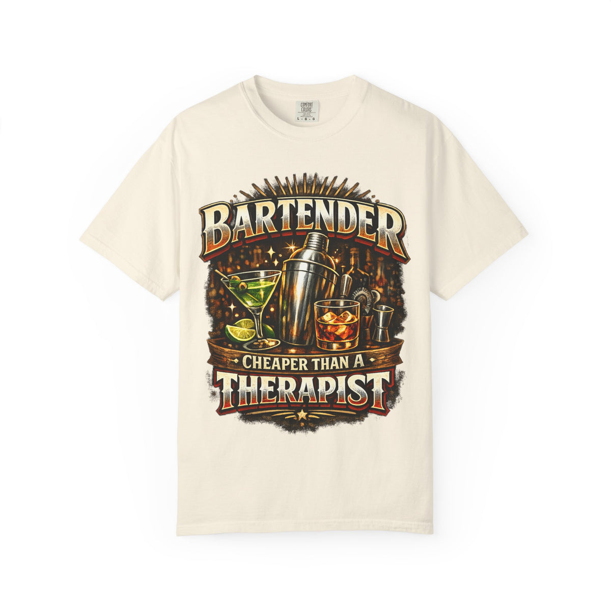 Bartender T-Shirt — "Bartender: Cheaper Than a Therapist" Vintage Bar Graphic Tee