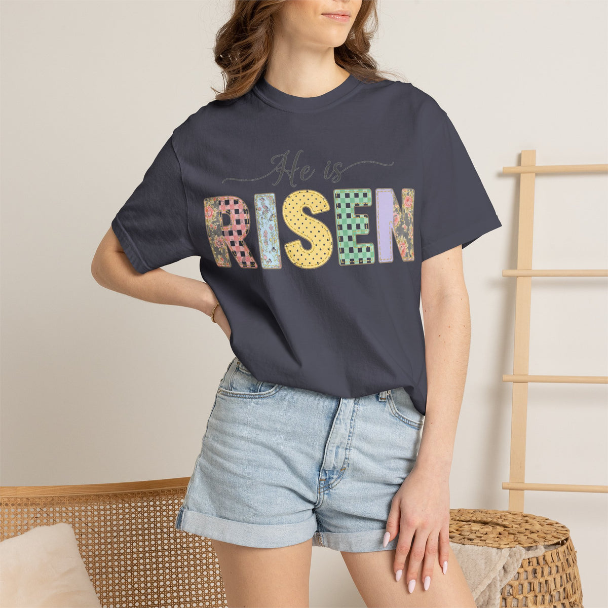 He Is Risen Pastel Patch Shirt, Easter Faux Stitch Letter Tee, Christian Spring Shirt, Easter Gift