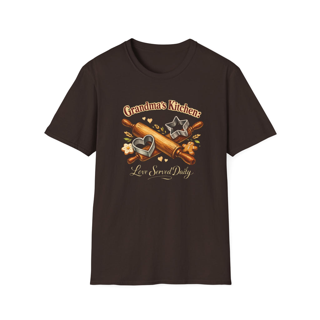 Grandma's Kitchen T-Shirt – "Love Served Daily" Baking Heart & Rolling Pin Design