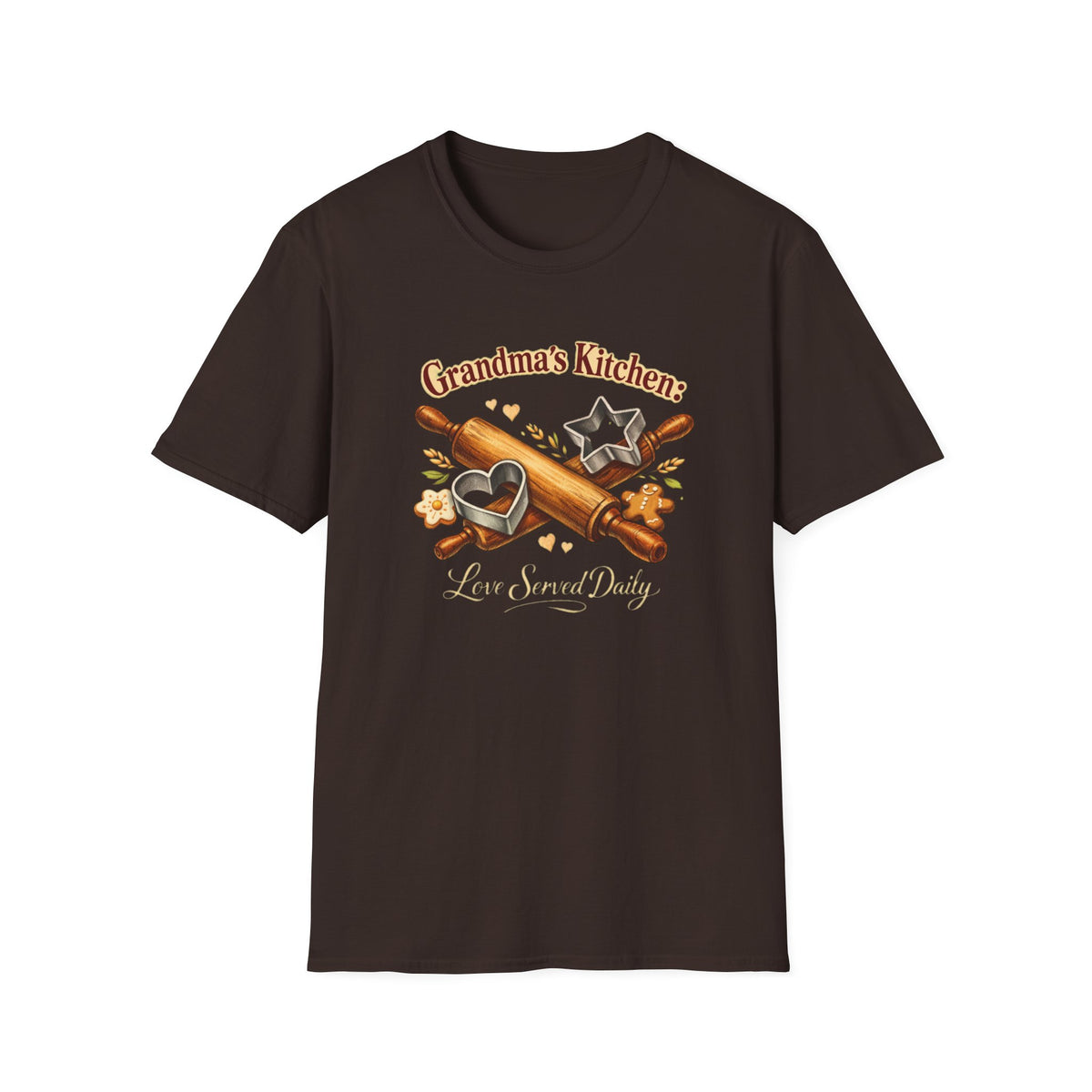Grandma's Kitchen T-Shirt – "Love Served Daily" Baking Heart & Rolling Pin Design