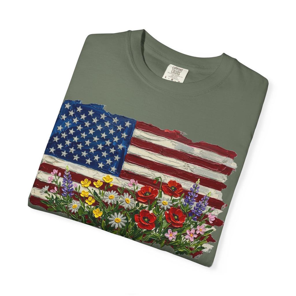 Painted Flag Wildflower Meadow Shirt, Impasto Americana Floral Tee, Patriotic Shirt, Independence Day Gift