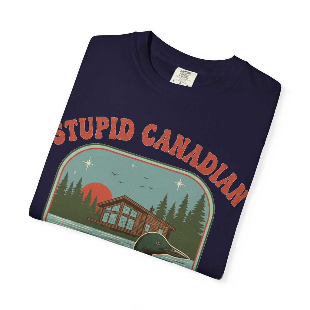 Stupid Canadian Wolf-Bird Arched Shirt, Retro Loon Sunset Badge Tee, Funny Lake Shirt, Cabin Gift