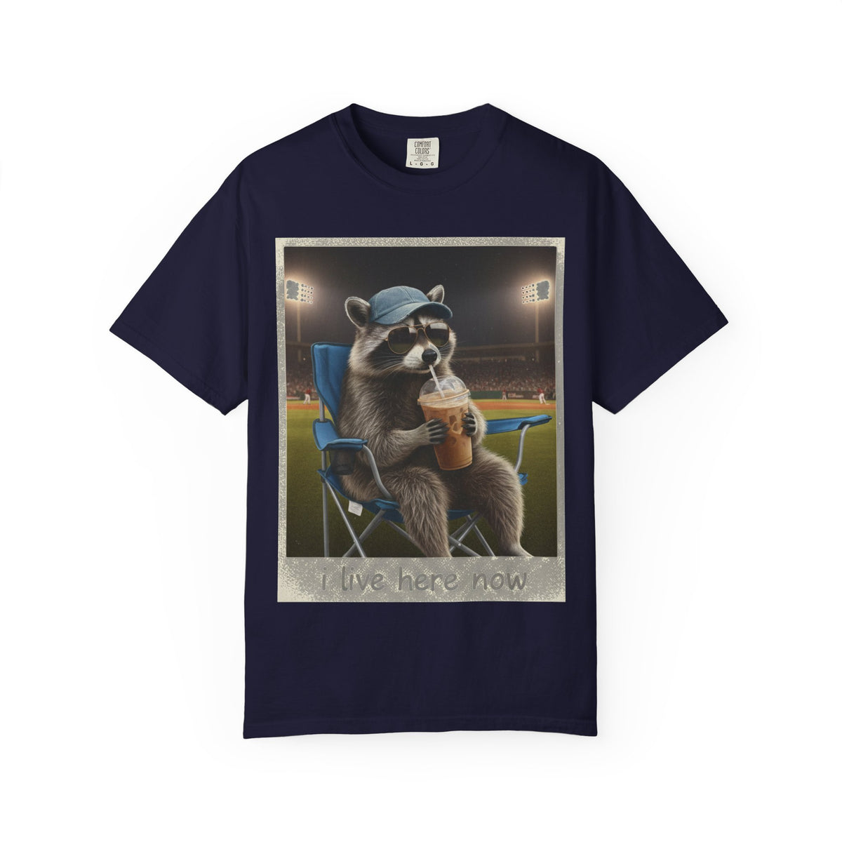 Baseball Raccoon Shirt, I Live Here Now Tee, Funny Ballpark Iced Coffee Shirt, Baseball Mom Gift