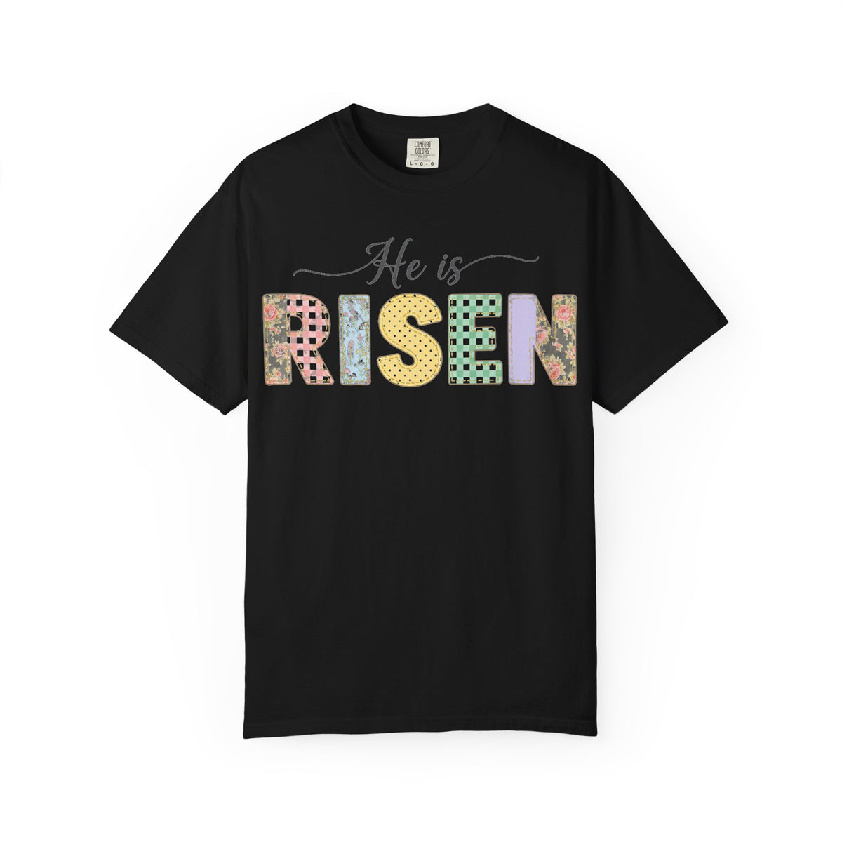 He Is Risen Pastel Patch Shirt, Easter Faux Stitch Letter Tee, Christian Spring Shirt, Easter Gift