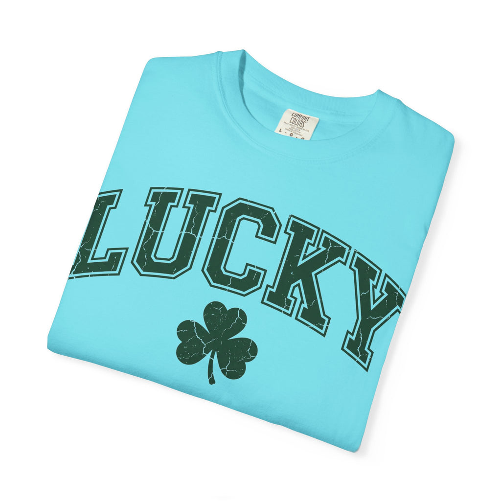 Lucky Shamrock Varsity Shirt, Distressed Green Clover Tee, St Patricks Day Collegiate Shirt, Irish Gift