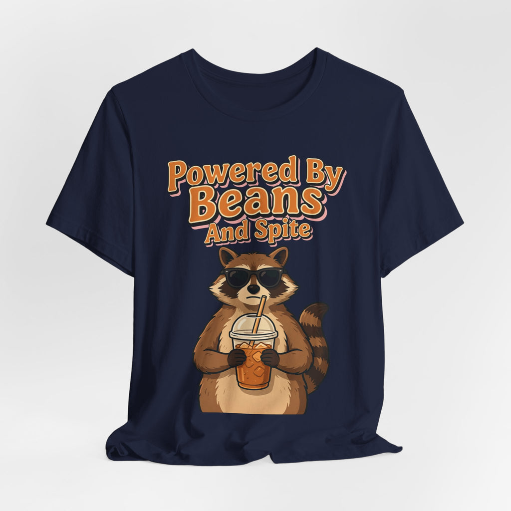 Funny Coffee Shirt Powered By Beans And Spite | Sarcastic Coffee Lover Shirt | Iced Coffee Raccoon Shirt | Gift
