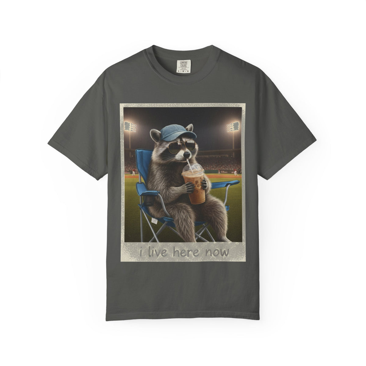 Baseball Raccoon Shirt, I Live Here Now Tee, Funny Ballpark Iced Coffee Shirt, Baseball Mom Gift