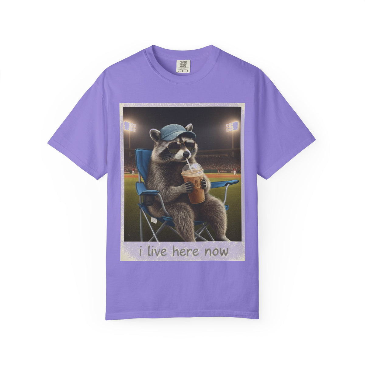 Baseball Raccoon Shirt, I Live Here Now Tee, Funny Ballpark Iced Coffee Shirt, Baseball Mom Gift