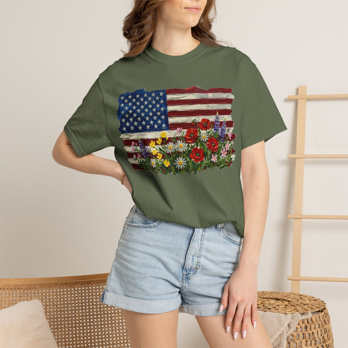 Painted Flag Wildflower Meadow Shirt, Impasto Americana Floral Tee, Patriotic Shirt, Independence Day Gift