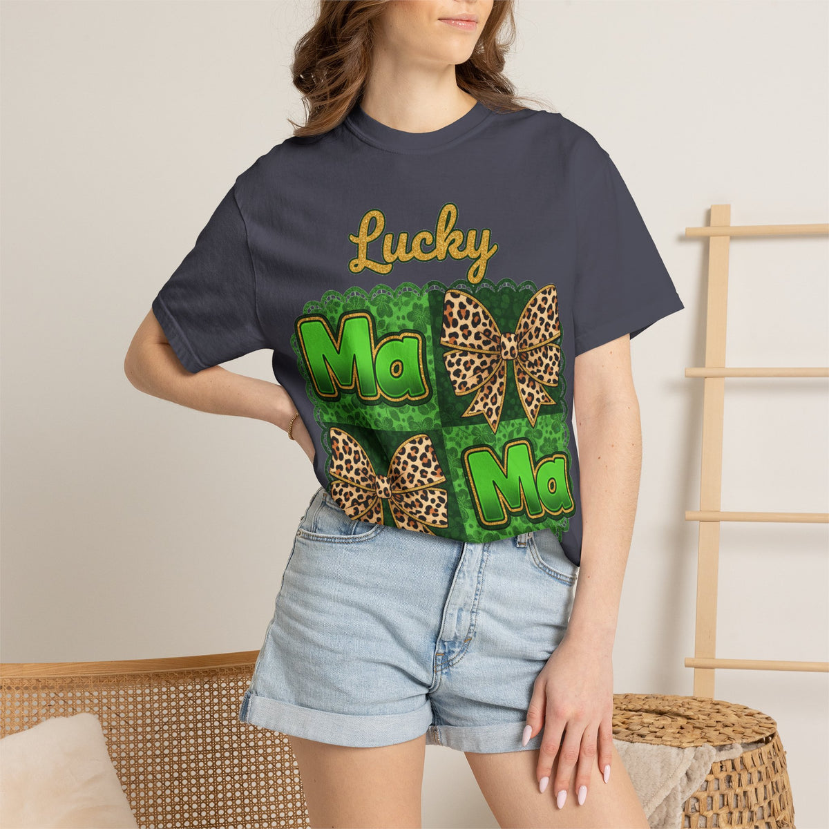 Lucky Mama Quad Shirt, Shamrock Leopard Bow Tee, St Patricks Day Mom Shirt, Irish Mama Gift