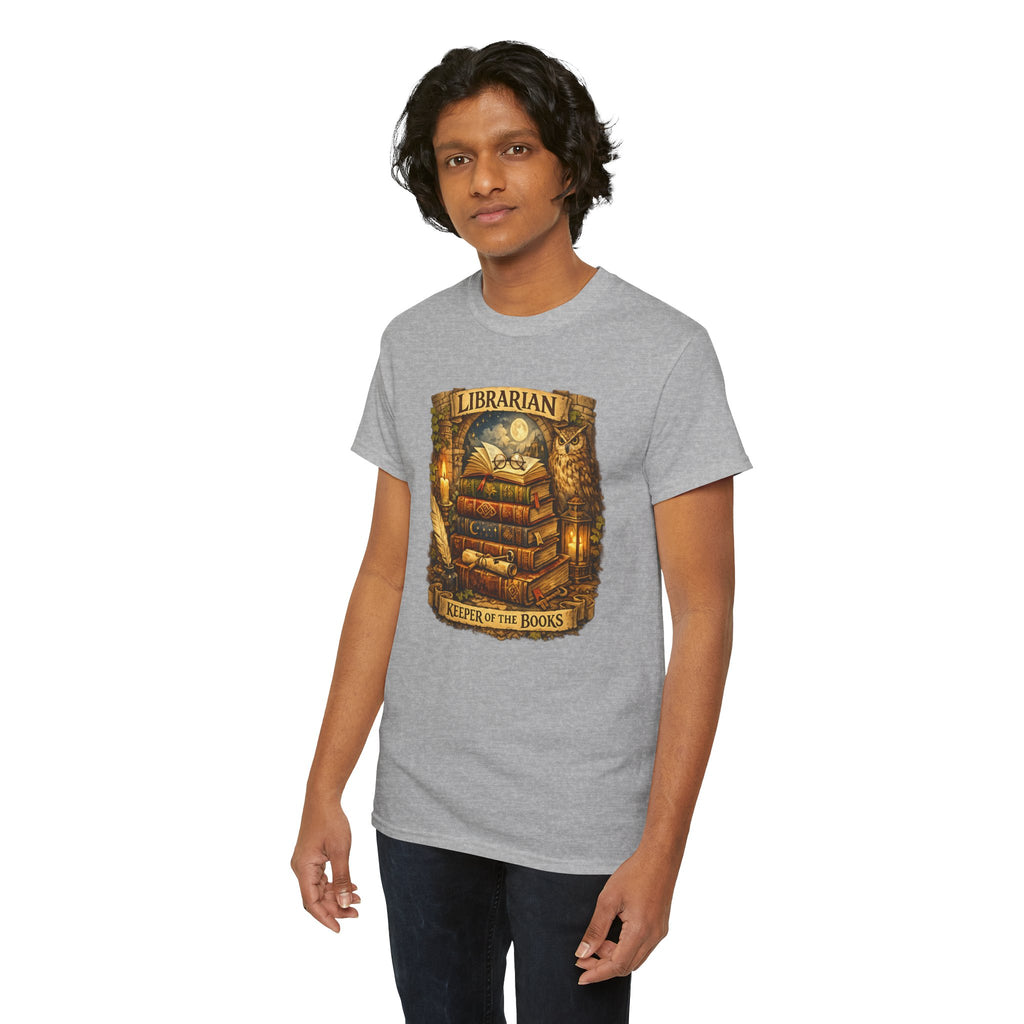 Librarian 'Keeper of the Books' T-Shirt — Vintage Bookstack & Owl Graphic