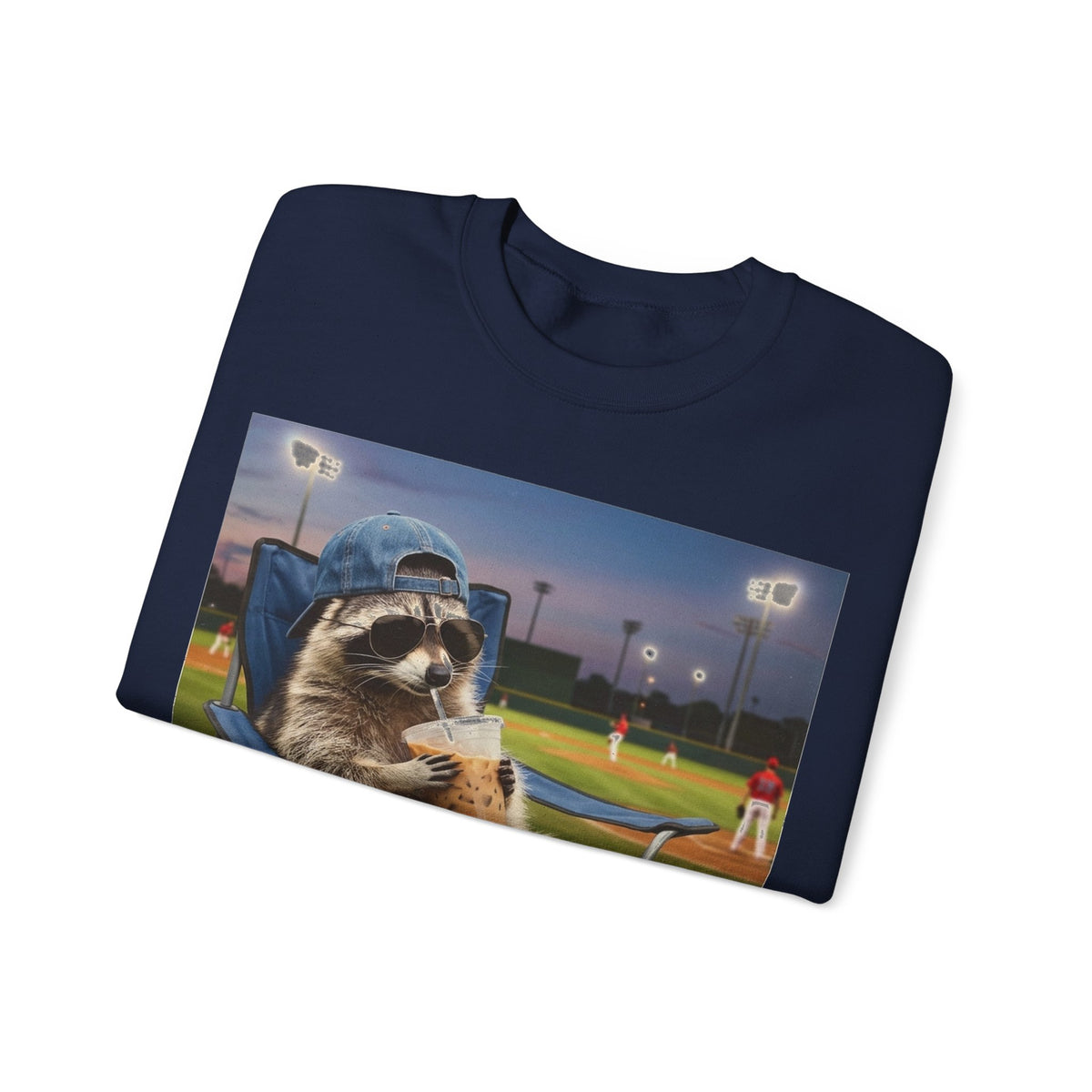 I Live Here Now Raccoon Baseball Sweatshirt, Funny Baseball Mom Sweatshirt, Raccoon Camp Chair Stadium Sweatshirt, Travel Ball Parent Gift,
