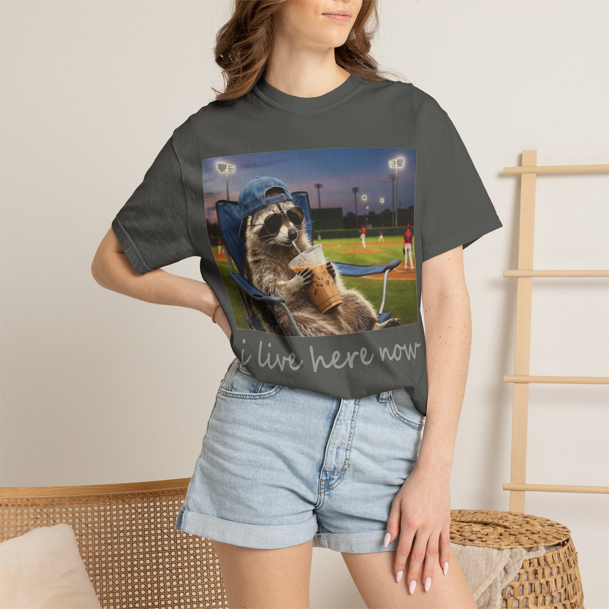 I Live Here Now Baseball Raccoon Shirt, Funny Sports Parent Tee, Iced Coffee Raccoon Shirt, Baseball Mom Gift