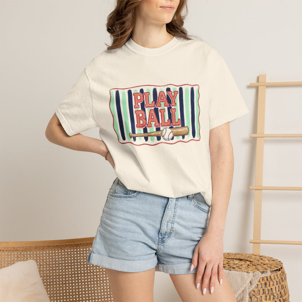 Play Ball Shirt, Painted Stripe Baseball Tee, Vintage Baseball Mom Shirt, Game Day Gift