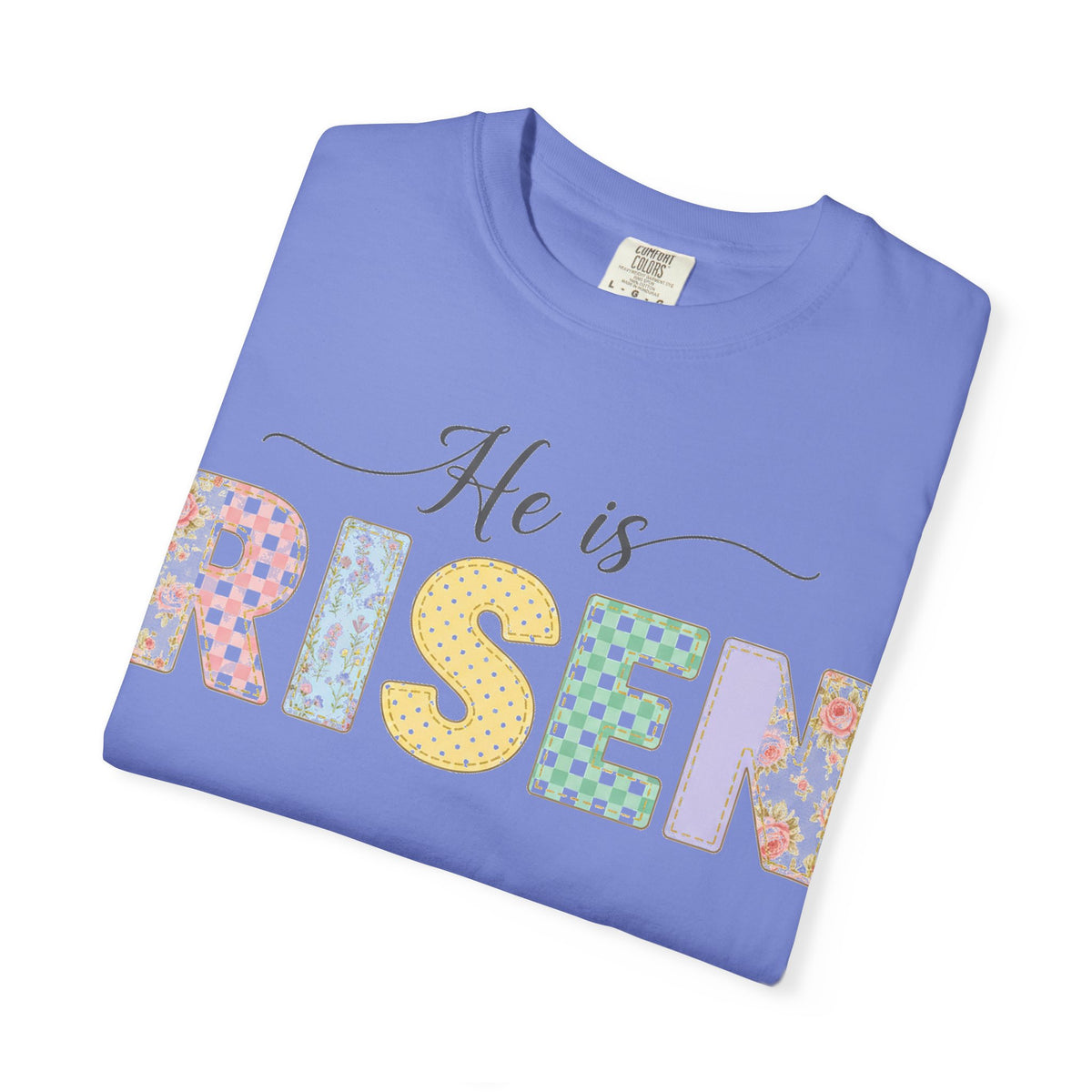 He Is Risen Pastel Patch Shirt, Easter Faux Stitch Letter Tee, Christian Spring Shirt, Easter Gift