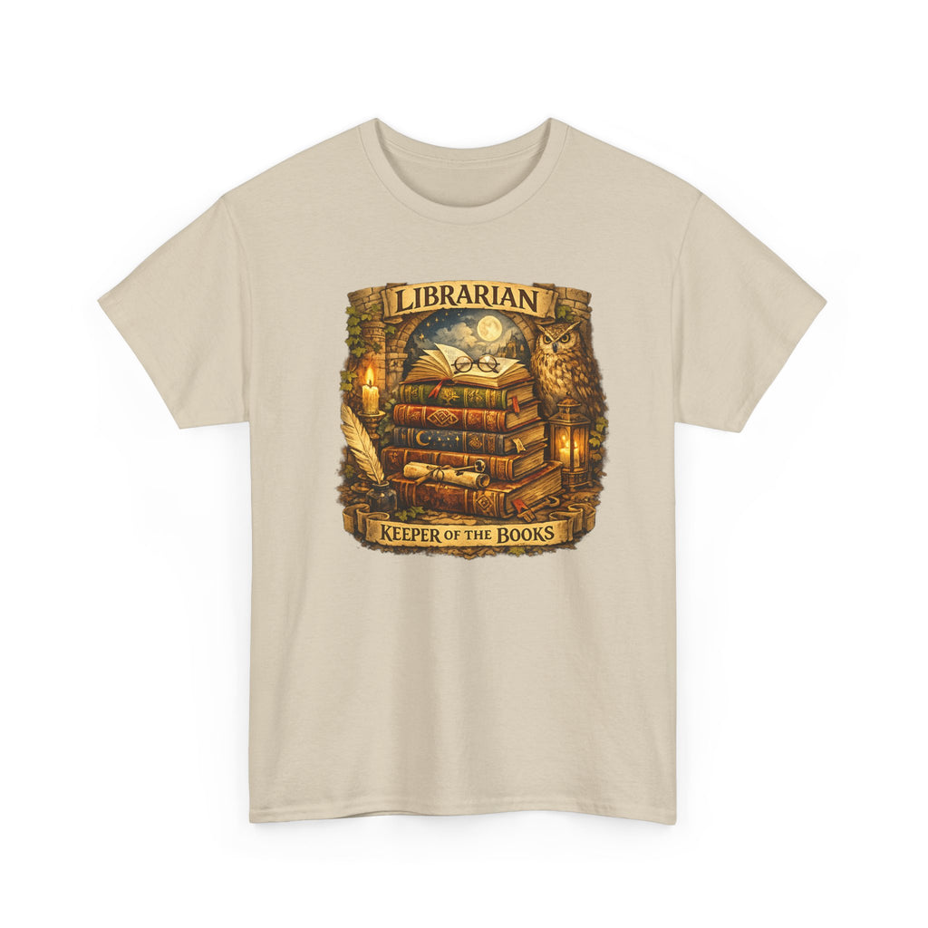 Librarian 'Keeper of the Books' T-Shirt — Vintage Bookstack & Owl Graphic