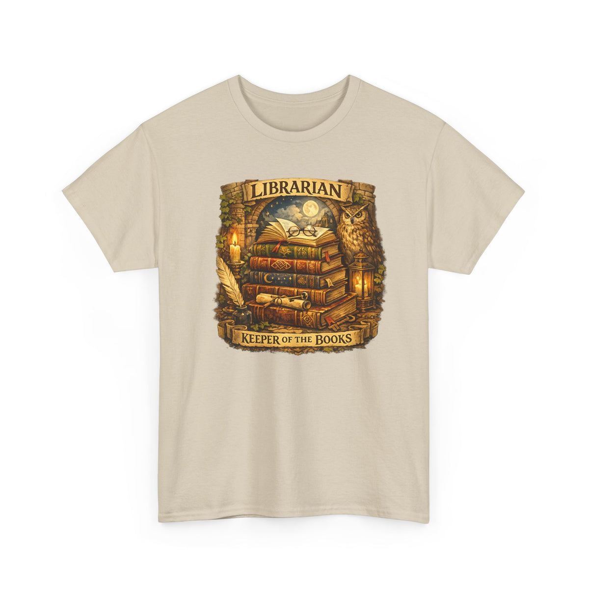 Librarian 'Keeper of the Books' T-Shirt — Vintage Bookstack & Owl Graphic