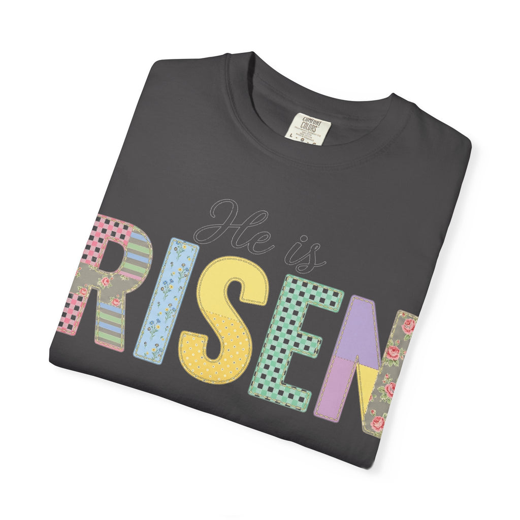 He Is Risen Patchwork Shirt, Faux Applique Easter Tee, Gingham Floral Christian Shirt, Easter Gift