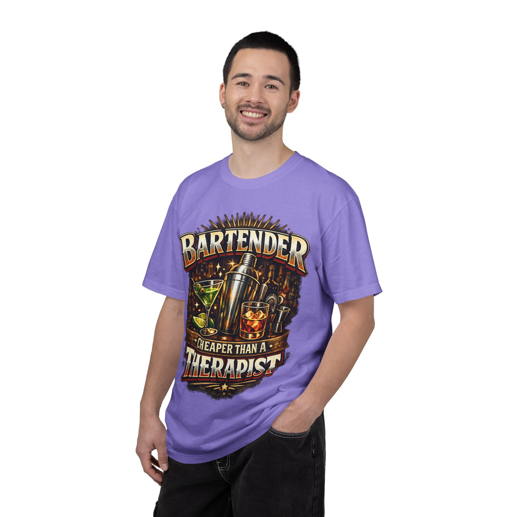 Bartender T-Shirt — "Bartender: Cheaper Than a Therapist" Vintage Bar Graphic Tee