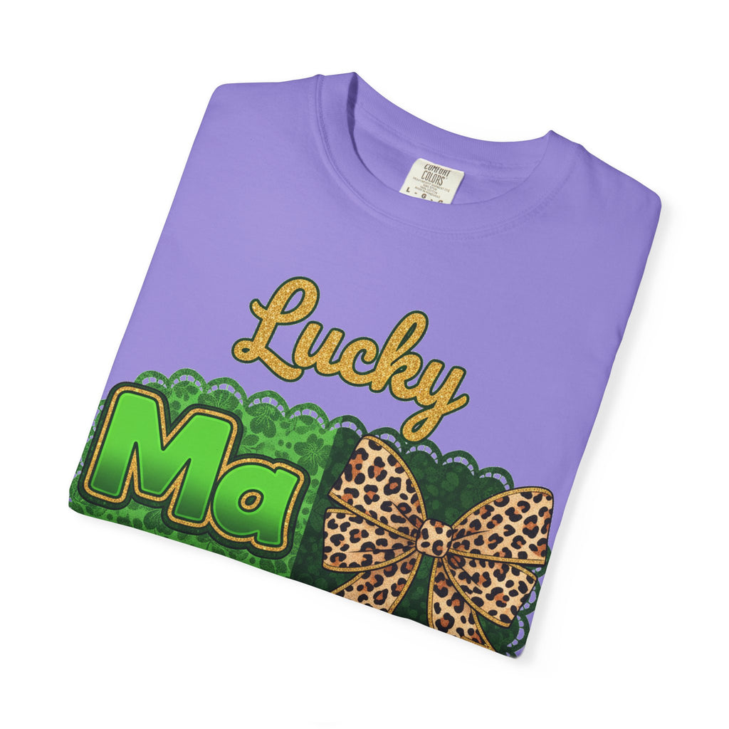 Lucky Mama Quad Shirt, Shamrock Leopard Bow Tee, St Patricks Day Mom Shirt, Irish Mama Gift