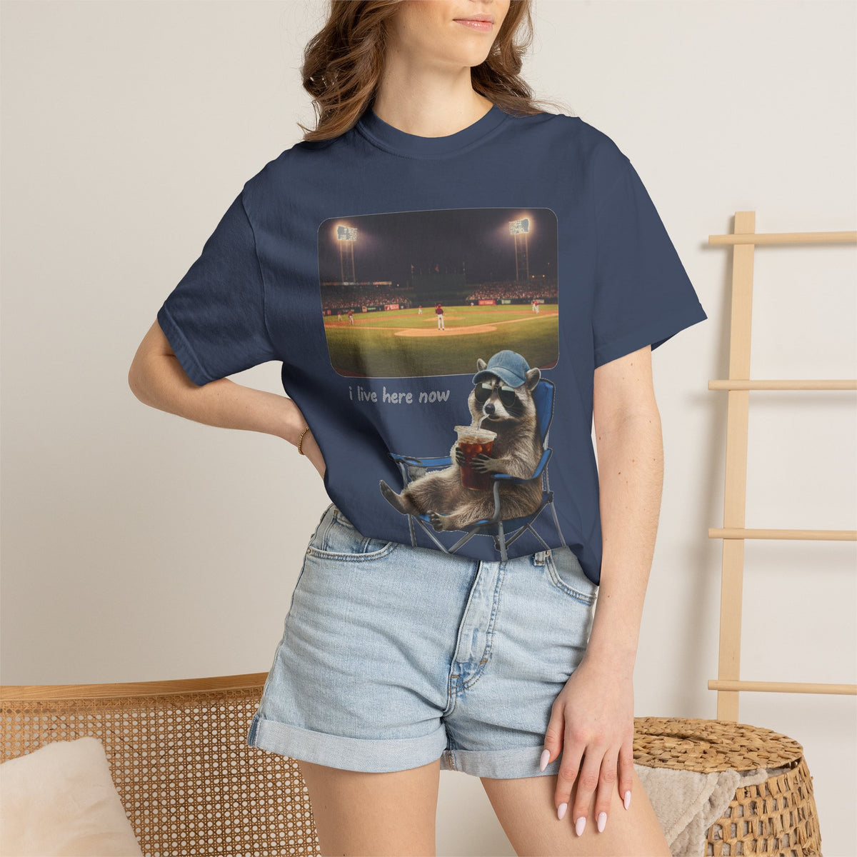 I Live Here Now Ballpark Raccoon Shirt, Funny Baseball Parent Tee, Camp Chair Raccoon Shirt, Sports Mom Gift