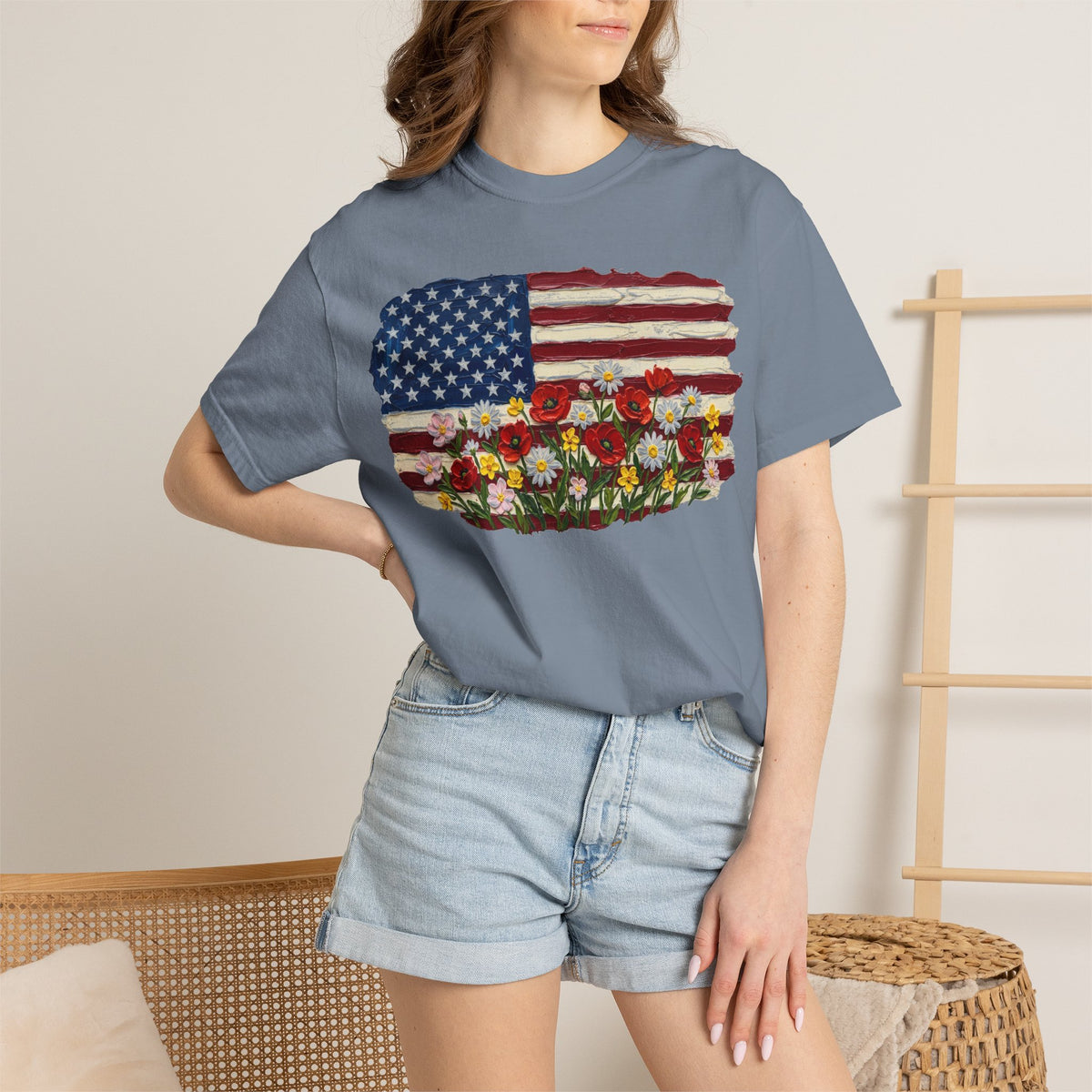 Impasto American Flag Wildflowers Shirt, Painted Flag Floral Tee, Patriotic Garden Shirt, Fourth Of July Gift