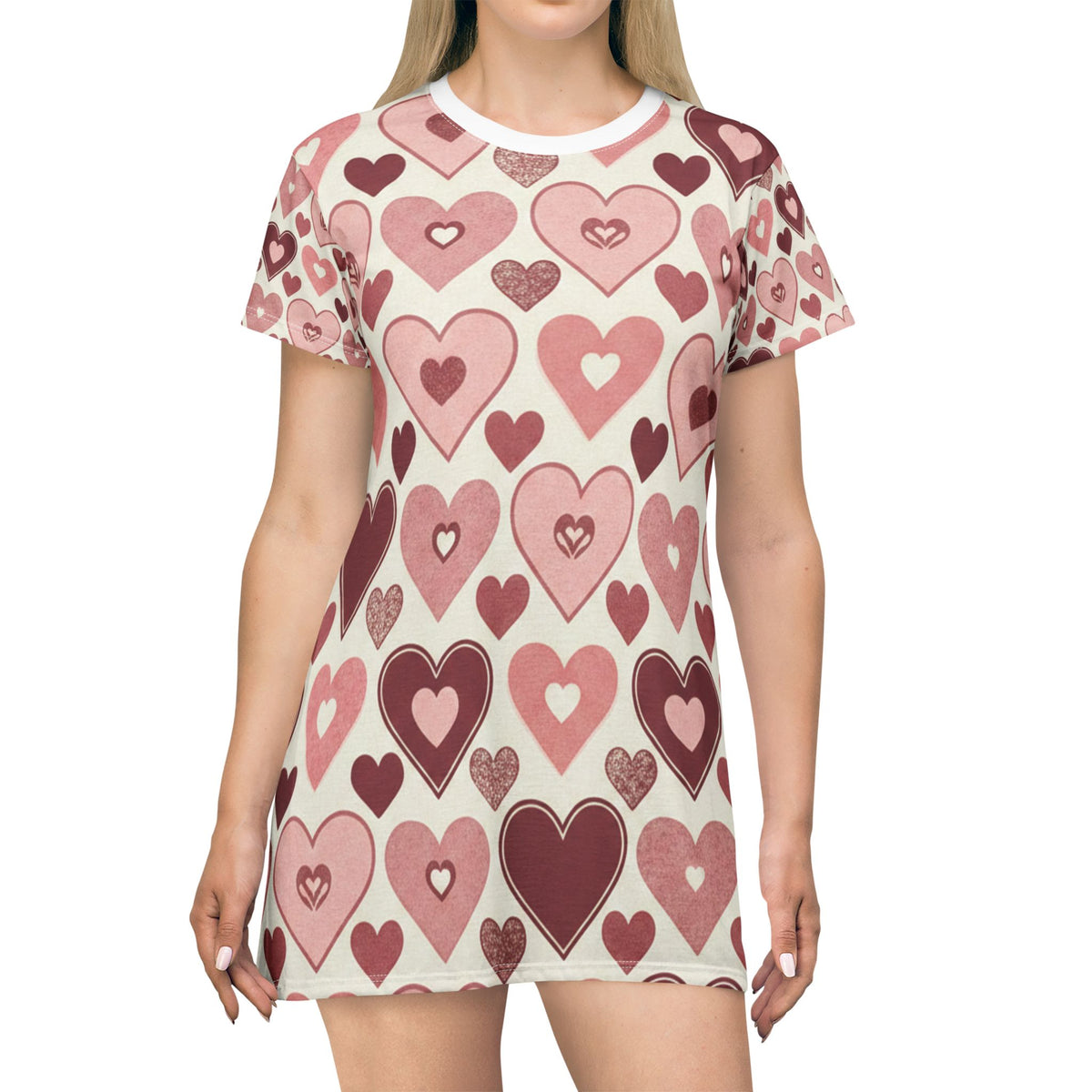 Pink Heart Pattern T‑Shirt Dress — Valentine’s Day All‑Over Print