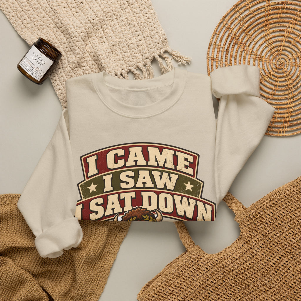 Funny Gym Sweatshirt I Came I Saw I Sat Down Bison Sweatshirt, Gym Gift For Men Women, Weightlifting Humor Sweatshirt