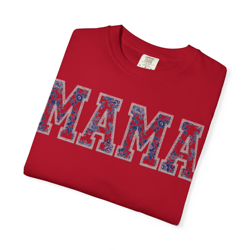 Mama Blue Toile Shirt, Delft Floral Applique Varsity Tee, Chinoiserie Mom Shirt, Mothers Day Gift