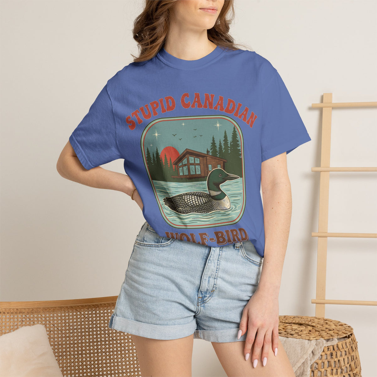 Stupid Canadian Wolf-Bird Arched Shirt, Retro Loon Sunset Badge Tee, Funny Lake Shirt, Cabin Gift