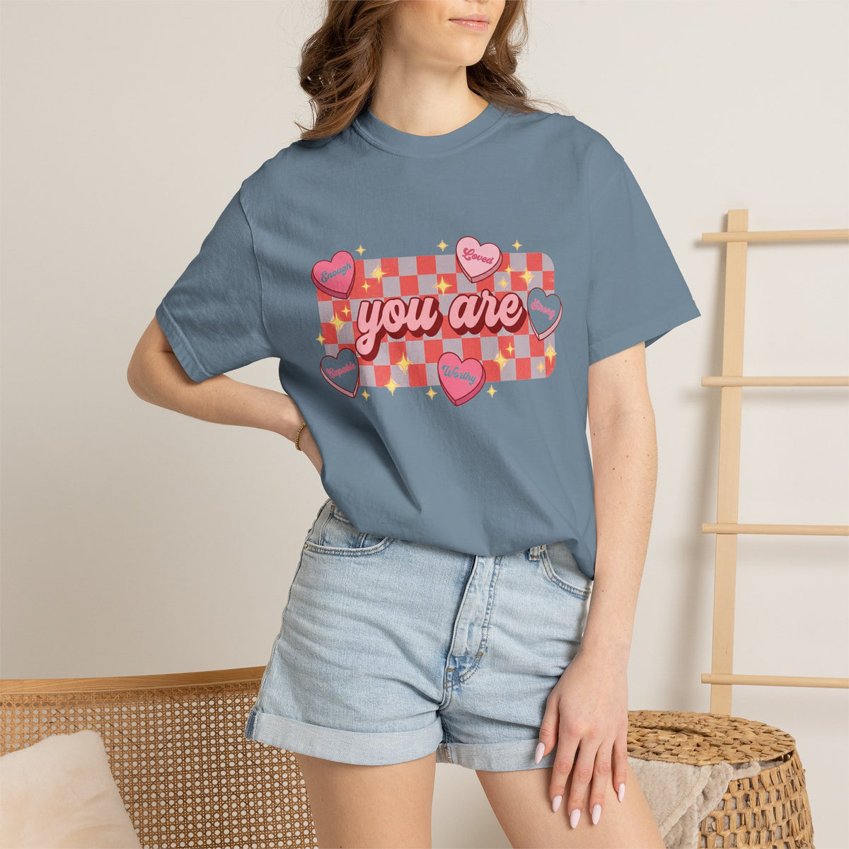 You Are Enough Loved Worthy Shirt, Conversation Heart Checkerboard Tee, Affirmation Valentine Shirt, Gift For Her