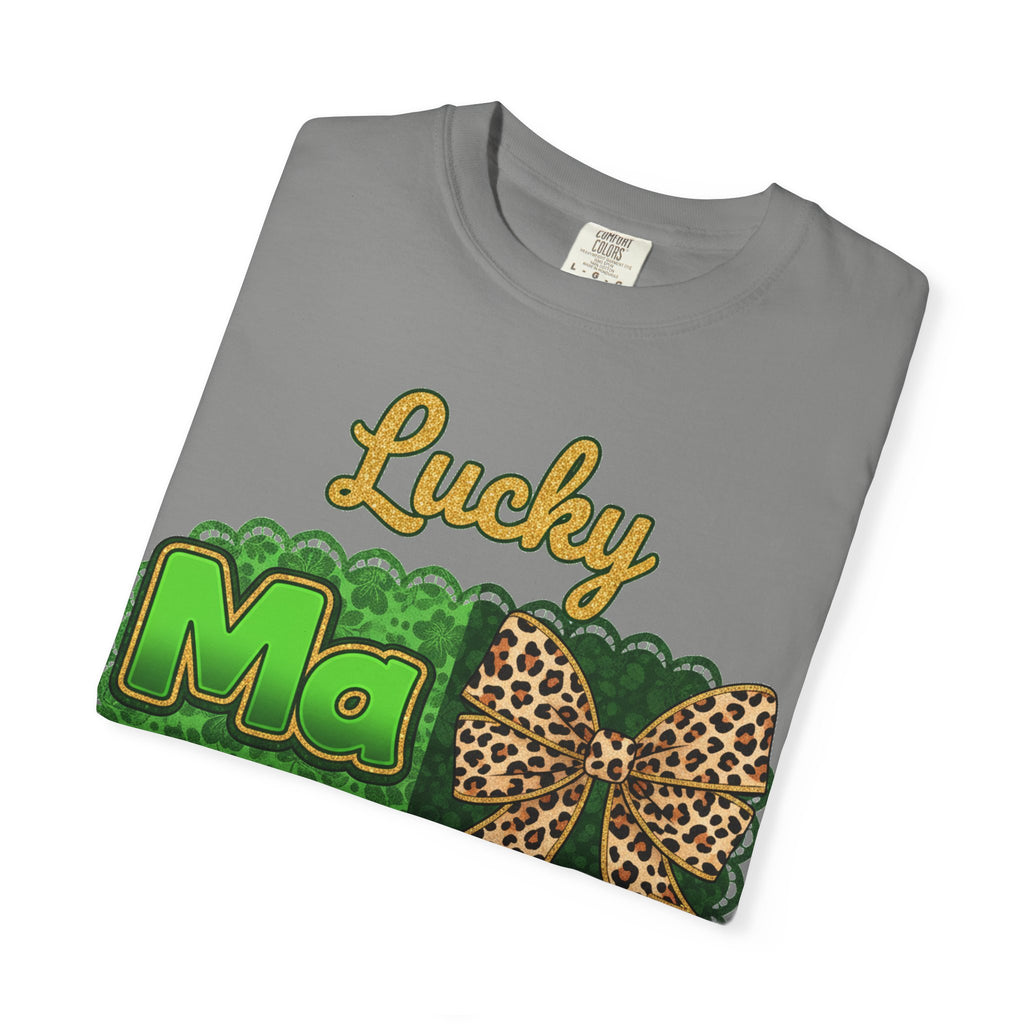 Lucky Mama Quad Shirt, Shamrock Leopard Bow Tee, St Patricks Day Mom Shirt, Irish Mama Gift