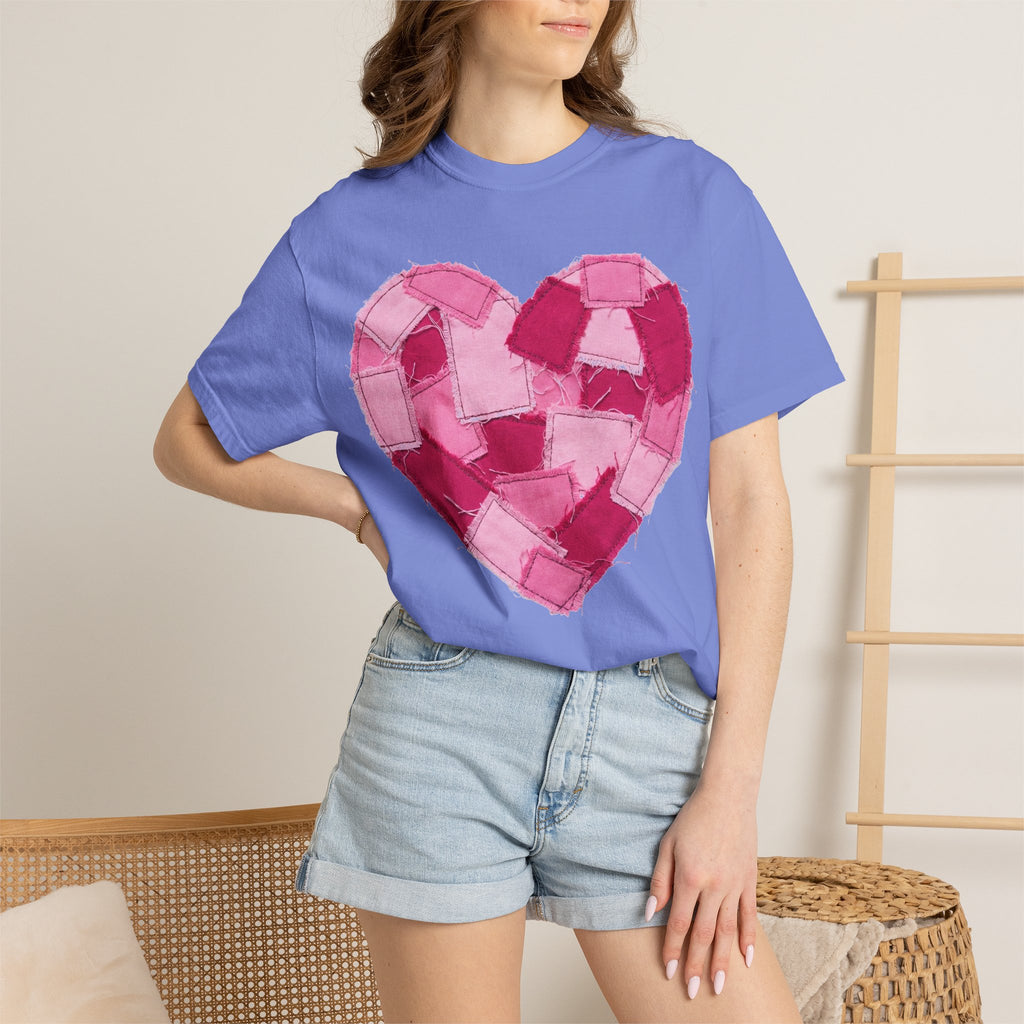 Patchwork Heart Shirt, Frayed Pink Quilt Heart Tee, Shabby Chic Valentine Shirt, Cozy Gift