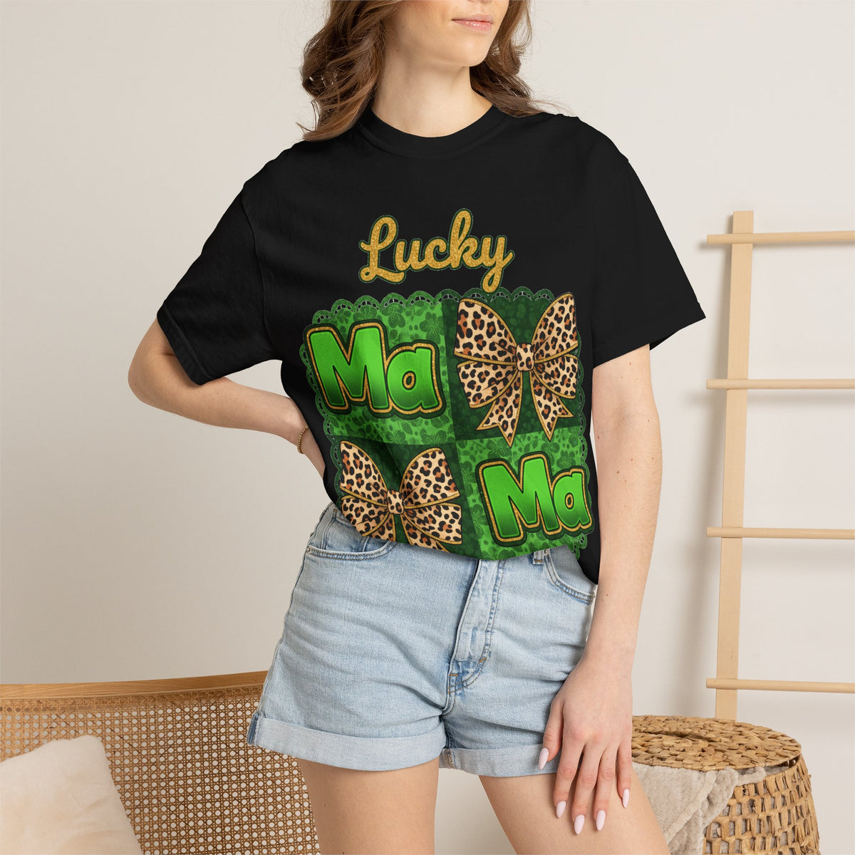Lucky Mama Quad Shirt, Shamrock Leopard Bow Tee, St Patricks Day Mom Shirt, Irish Mama Gift